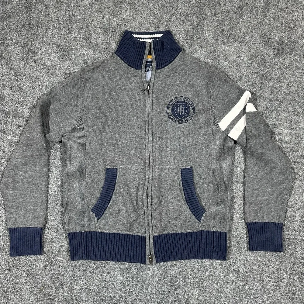 Tommy Hilfiger Mens Gray Navy Blue Full Zip Mock Neck Cotton‎ Knit Sweater Small